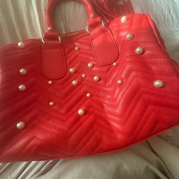 Red Quilted Handbag with Pearl Accents - Picture 7 of 7